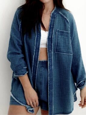 AERIE Pool to Party Dark Indigo Blue Gauze Shirt